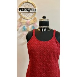 Red Chikankari Straight Kurti