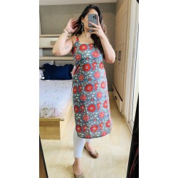 Blue Red Floral Straight Long Kurti Blue Red Floral Straight Long Kurti