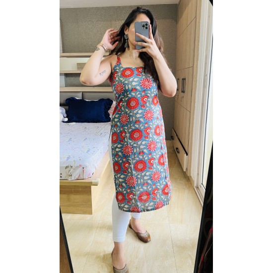 Blue Red Floral Straight Long Kurti