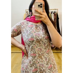 White Floral Straight Long Kurti