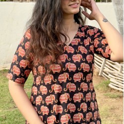 Black Hathi Printed Straight Long Kurti