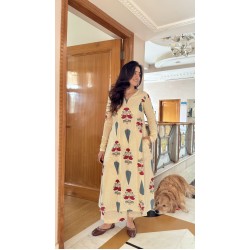 Off White Cotton Floral A-Line Kurta