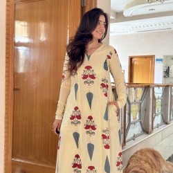 Off White Cotton Floral A-Line Kurta