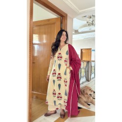 Off White Cotton Floral A-Line Kurta
