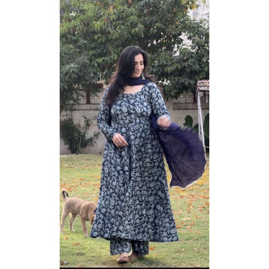 Anarkali Navy Blue Floral Kurti