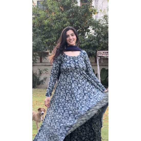 Anarkali Navy Blue Floral Kurti