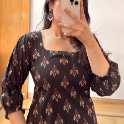 Black Printed Straight Long Kurti