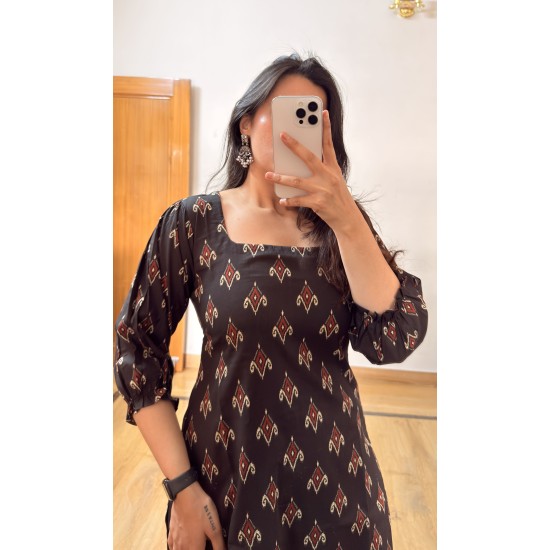Black Printed Straight Long Kurti