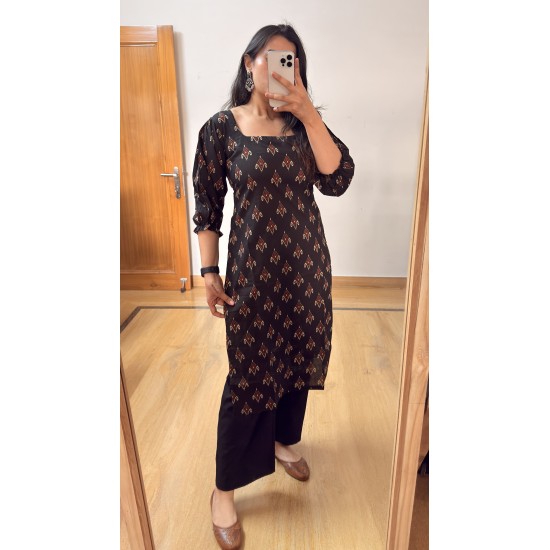 Black Printed Straight Long Kurti