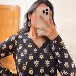 Black Flower Straight Long Kurti