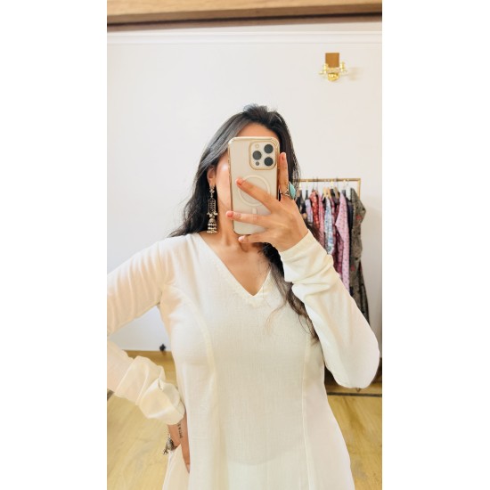 Off White Solid A-Line Kurti