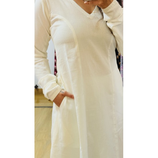 Off White Solid A-Line Kurti