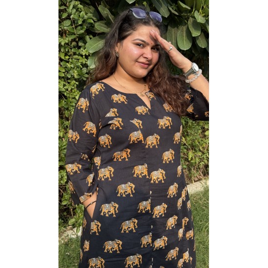 Black Yellow Hathi A-Line Kurti