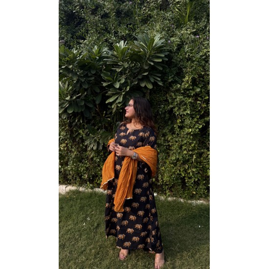 Black Yellow Hathi A-Line Kurti