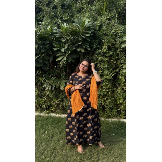 Black Yellow Hathi A-Line Kurti