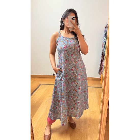 Grey Floral A-Line Kurti