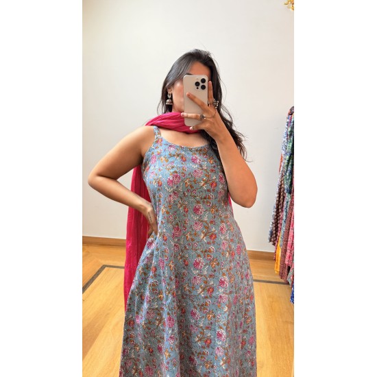 Grey Floral A-Line Kurti