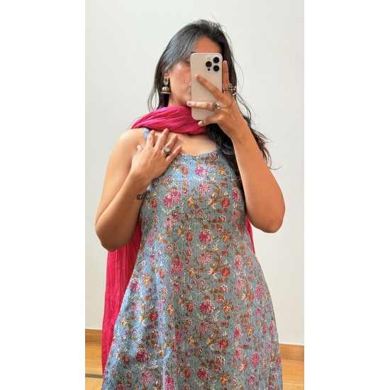 Grey Floral A-Line Kurti
