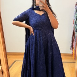 Dark Blue Floral Chikankari Umbrella Gher Kurti