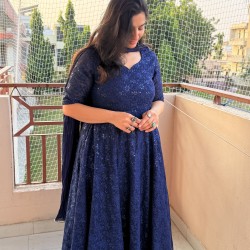 Dark Blue Floral Chikankari Umbrella Gher Kurti