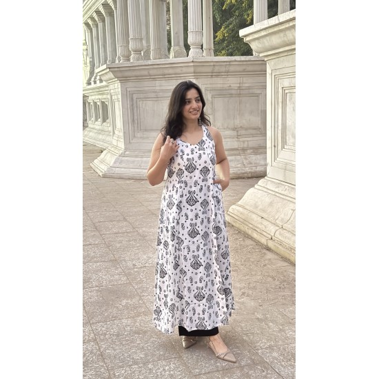 Ikkat White Printed A-Line Kurti