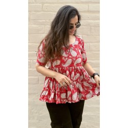 Red Kantha Flare Top