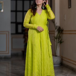 Lime Green Banarasi Chanderi Angrakha