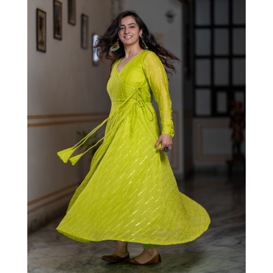 Lime Green Banarasi Chanderi Angrakha