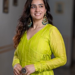 Lime Green Banarasi Chanderi Angrakha