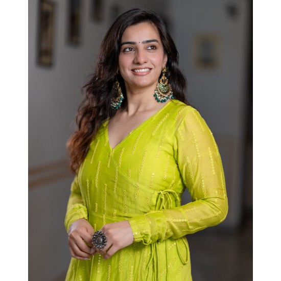 Lime Green Banarasi Chanderi Angrakha