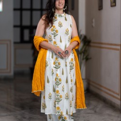 Yellow Motif A-Line Kurti
