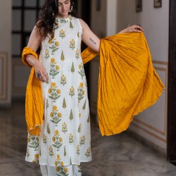 Yellow Motif A-Line Kurti