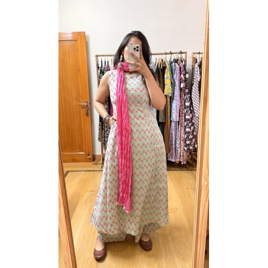 Pista Green Motif A-Line Kurti