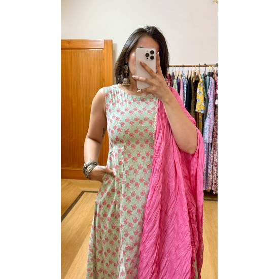Pista Green Motif A-Line Kurti