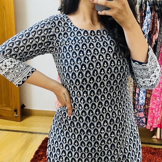 Navy Blue Chikankari Straight Kurti