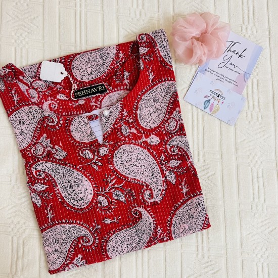 Red Kantha Kalamkari   Straight Long Kurti