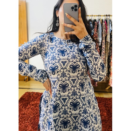 Blue White Printed  Straight Long Kurti