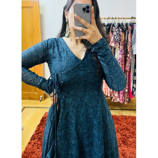 Teal Green Chikankari Angrakha Kurti