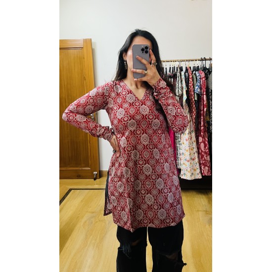Red Ajrak Printed Short Kurti
