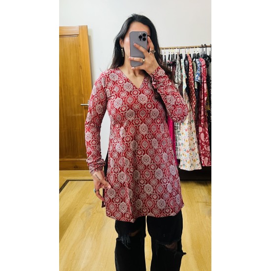 Red Ajrak Printed Short Kurti