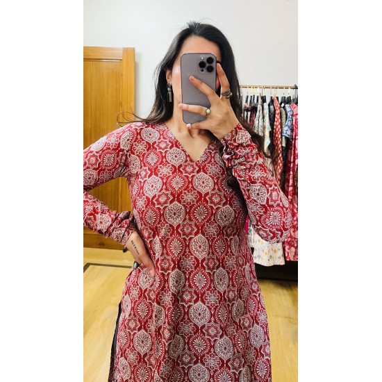 Red Ajrak Printed Straight Long Kurti Red Ajrak Printed Straight Long Kurti