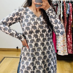 White Blue Hathi Printed Short Kurti