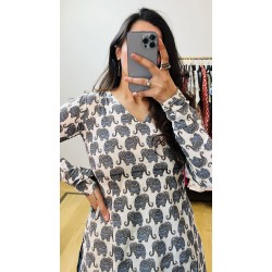 White Blue Hathi   Printed  Straight Long Kurti